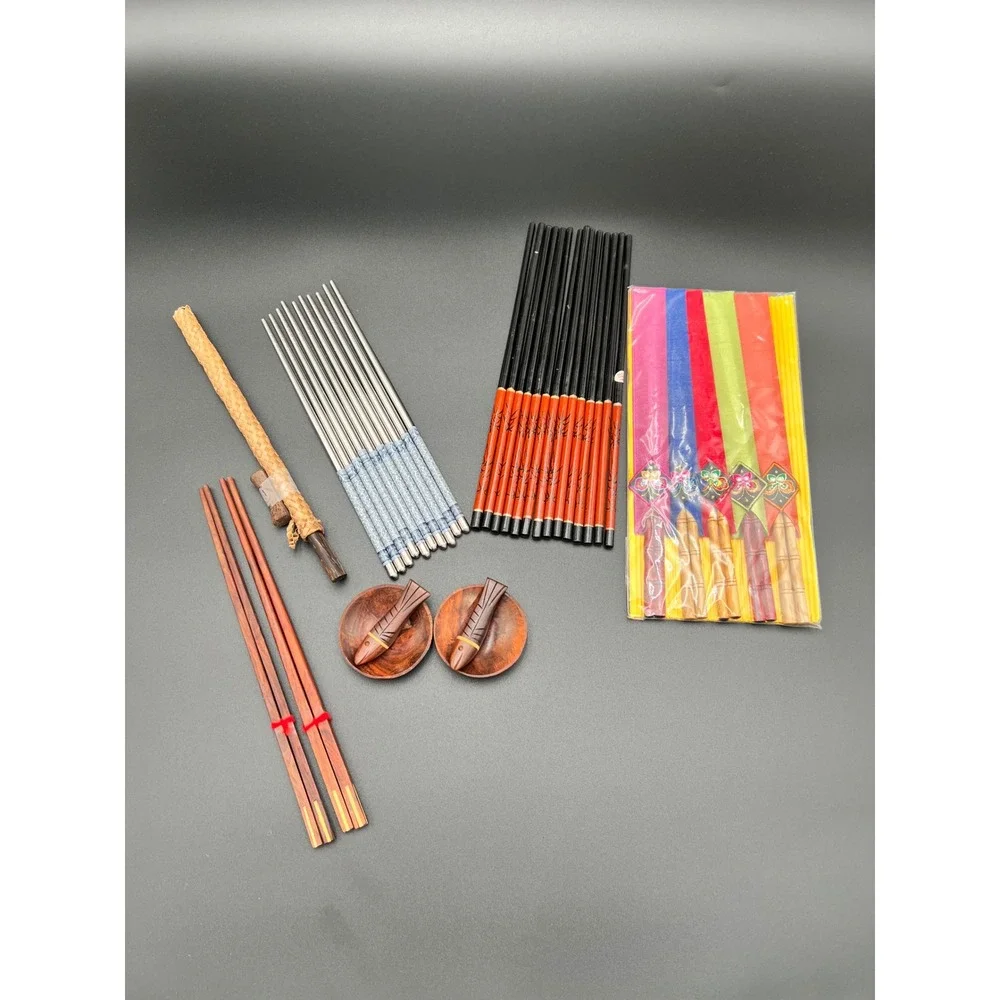 Chopstick Set Bamboo Wood Stainless Steel 20 Pairs Fish Rests Silk Sleeves